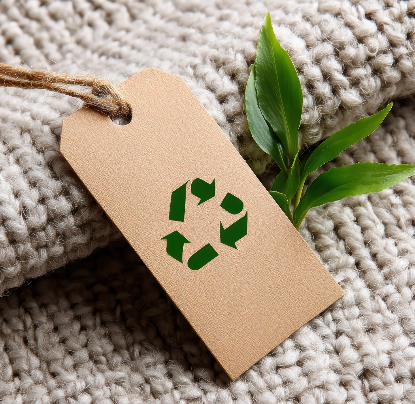 Recycling labels on a thick rug with a plant sprig