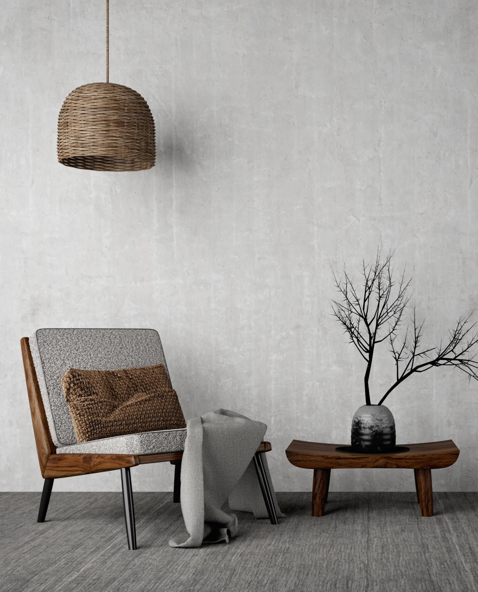 Modern chair with pillow and blanket