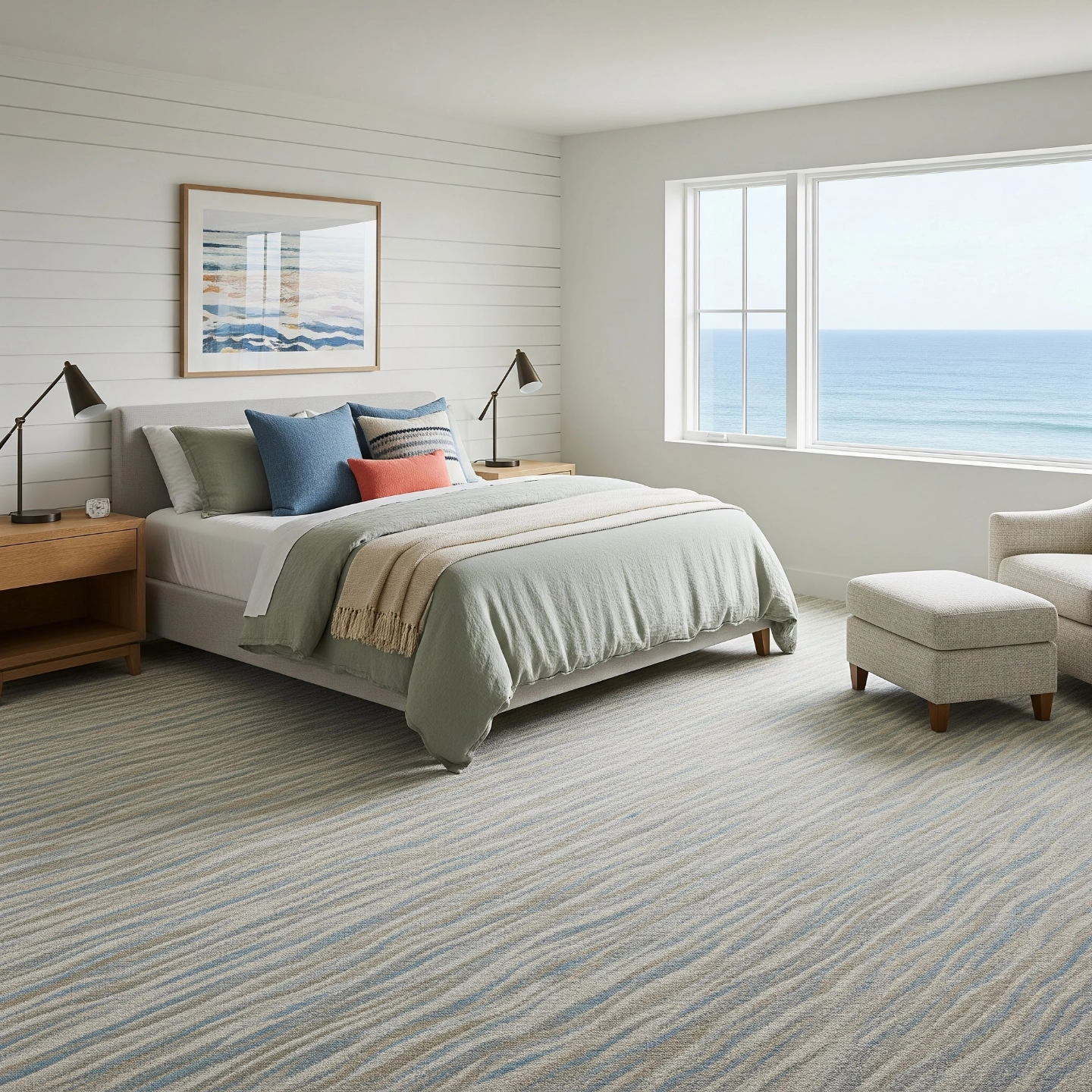 Coastal style bedroom with patterned carpet