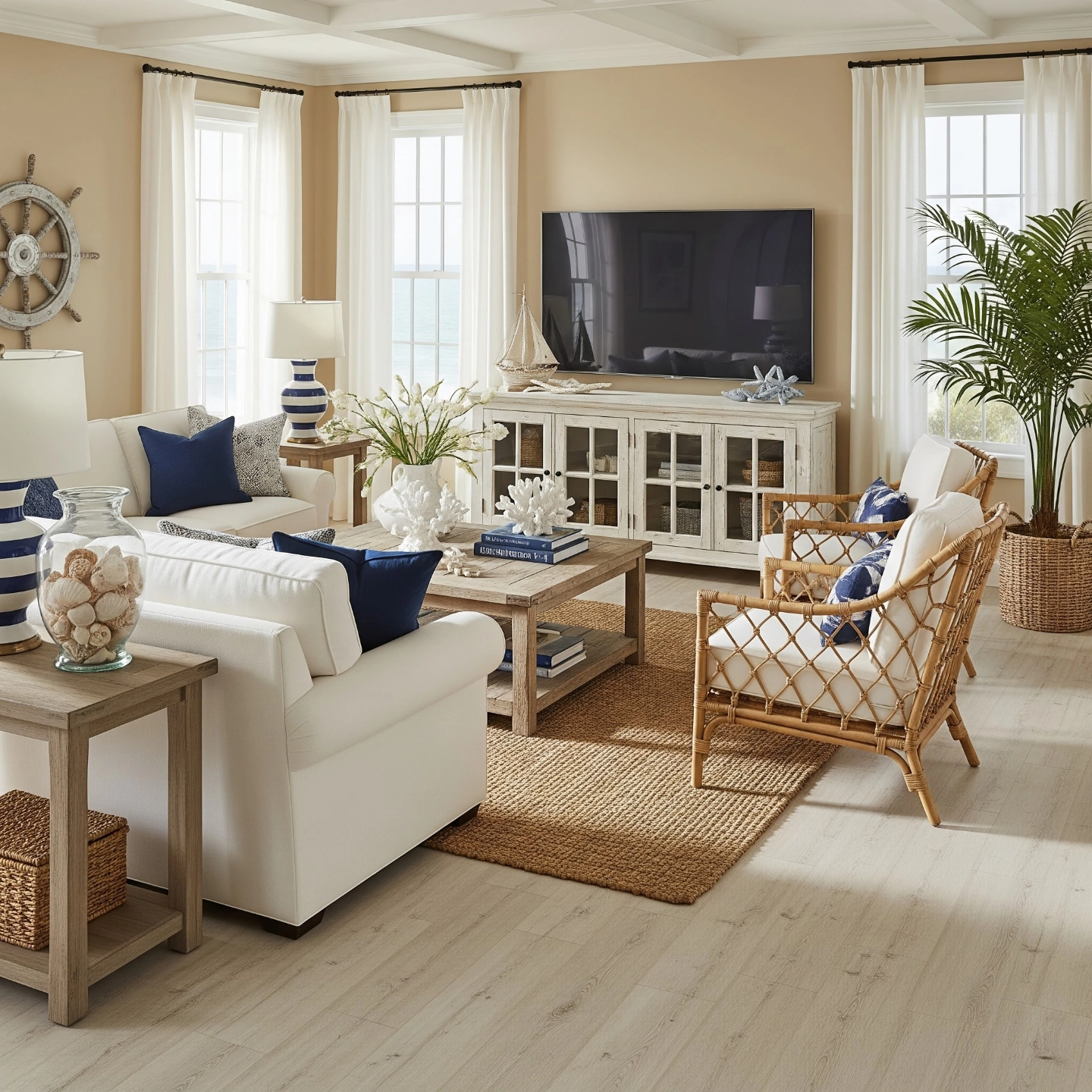 Luxury vinyl flooring in coastal style living room